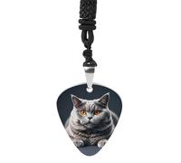 FHESDCW A Gray Cat Is Lying Guitar Pick Necklace, Titanium Steel Guitar Pick with 23Inch Black Cord, Unique Music Jewelry Gift for Men Women