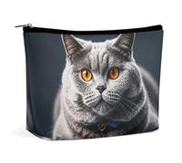 FHESDCW A Gray Cat Is Lying Makeup Bag for Women PU Leather Waterproof Cosmetic Bag with Zipper Portable Travel Makeup Organizer