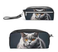 FHESDCW A Gray Cat Is Lying Pencil Case Large Capacity with Zipper, Hanging Water Proof Cosmetic Bag for Travel, Vintage Leather Pencil Pouch for Women Men
