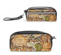 FHESDCW A Worn-out World Map Pencil Case Large Capacity with Zipper, Hanging Water Proof Cosmetic Bag for Travel, Vintage Leather Pencil Pouch for Women Men