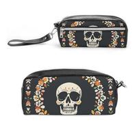 FHESDCW A Wreath Skeleton Pencil Case Large Capacity with Zipper, Hanging Water Proof Cosmetic Bag for Travel, Vintage Leather Pencil Pouch for Women Men
