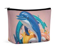 FHESDCW Abstract Animal Dolphin Makeup Bag for Women PU Leather Waterproof Cosmetic Bag with Zipper Portable Travel Makeup Organizer