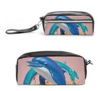 FHESDCW Abstract Animal Dolphin Pencil Case Large Capacity with Zipper, Hanging Water Proof Cosmetic Bag for Travel, Vintage Leather Pencil Pouch for Women Men