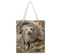 FHESDCW Aesthetic Canvas Tote Bag for Women - Large 16.1x15 Reusable Grocery Shopping Bags Double-Sided Printed, Seal Lying on The Beach Shoulder Bag Handbag for Travel, Beach, Camping, Yoga