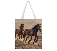 FHESDCW Aesthetic Canvas Tote Bag for Women - Large 16.1x15 Reusable Grocery Shopping Bags Double-Sided Printed, Horses Running in The Sand Shoulder Bag Handbag for Travel, Beach, Camping, Yoga