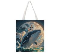 FHESDCW Aesthetic Canvas Tote Bag for Women - Large 16.1x15 Reusable Grocery Shopping Bags Double-Sided Printed, Illustration of A Whale Shoulder Bag Handbag for Travel, Beach, Camping, Yoga