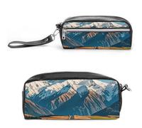 FHESDCW Alpine Snowy Mountain Pencil Case Large Capacity with Zipper, Hanging Water Proof Cosmetic Bag for Travel, Vintage Leather Pencil Pouch for Women Men