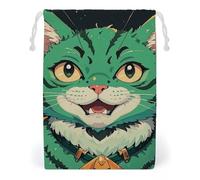 FHESDCW Anime Green Cat Drawstring Bag Canvas, Reusable Travel Jewelry Pouches, Washable Storage Bags for Gift, Candy, Cosmetics 12 * 18cm