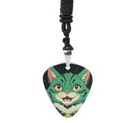 FHESDCW Anime Green Cat Guitar Pick Necklace, Titanium Steel Guitar Pick with 23Inch Black Cord, Unique Music Jewelry Gift for Men Women