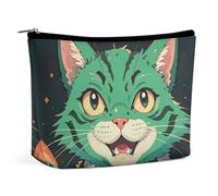 FHESDCW Anime Green Cat Makeup Bag for Women PU Leather Waterproof Cosmetic Bag with Zipper Portable Travel Makeup Organizer