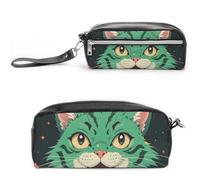 FHESDCW Anime Green Cat Pencil Case Large Capacity with Zipper, Hanging Water Proof Cosmetic Bag for Travel, Vintage Leather Pencil Pouch for Women Men