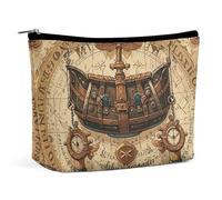 FHESDCW Antique Treasure Map Makeup Bag for Women PU Leather Waterproof Cosmetic Bag with Zipper Portable Travel Makeup Organizer