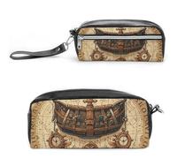 FHESDCW Antique Treasure Map Pencil Case Large Capacity with Zipper, Hanging Water Proof Cosmetic Bag for Travel, Vintage Leather Pencil Pouch for Women Men