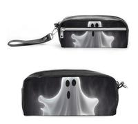 FHESDCW Black And Halloween Ghost Pencil Case Large Capacity with Zipper, Hanging Water Proof Cosmetic Bag for Travel, Vintage Leather Pencil Pouch for Women Men