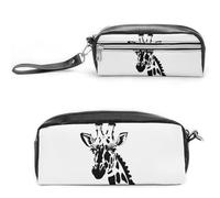 FHESDCW Black And White Giraffe Pencil Case Large Capacity with Zipper, Hanging Water Proof Cosmetic Bag for Travel, Vintage Leather Pencil Pouch for Women Men