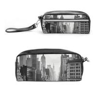FHESDCW Black And White New York Pencil Case Large Capacity with Zipper, Hanging Water Proof Cosmetic Bag for Travel, Vintage Leather Pencil Pouch for Women Men