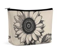 FHESDCW Black And White Sunflowers Makeup Bag for Women PU Leather Waterproof Cosmetic Bag with Zipper Portable Travel Makeup Organizer