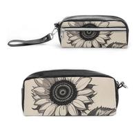 FHESDCW Black And White Sunflowers Pencil Case Large Capacity with Zipper, Hanging Water Proof Cosmetic Bag for Travel, Vintage Leather Pencil Pouch for Women Men