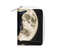 FHESDCW Black Crow on Full Moon Card Holder for Men Women, Leather Credit Card Holder with 20 Card Slots Small Purse with Zipper