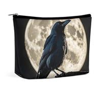 FHESDCW Black Crow on Full Moon Makeup Bag for Women PU Leather Waterproof Cosmetic Bag with Zipper Portable Travel Makeup Organizer
