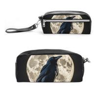 FHESDCW Black Crow on Full Moon Pencil Case Large Capacity with Zipper, Hanging Water Proof Cosmetic Bag for Travel, Vintage Leather Pencil Pouch for Women Men