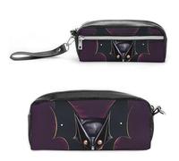 FHESDCW Black Ghost Bat Pencil Case Large Capacity with Zipper, Hanging Water Proof Cosmetic Bag for Travel, Vintage Leather Pencil Pouch for Women Men