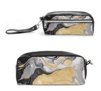 FHESDCW Black Golden Marble Ink Pencil Case Large Capacity with Zipper, Hanging Water Proof Cosmetic Bag for Travel, Vintage Leather Pencil Pouch for Women Men