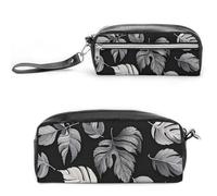 FHESDCW Black Gray Leaf Jacquard Pencil Case Large Capacity with Zipper, Hanging Water Proof Cosmetic Bag for Travel, Vintage Leather Pencil Pouch for Women Men