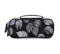 FHESDCW Black Gray Leaf Jacquard Pencil Case with Zipper - Large Capacity, Portable Small Cosmetic Bag for Travel, Vintage PU Leather Pencil Pouch for Women Men