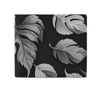 FHESDCW Black Gray Leaf Jacquard Wallet Elegant Leather Wallets with ID Window & 2 Card Slots, Slim Bifold Wallet for Men Women
