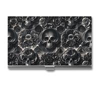 FHESDCW Black Peony Rose Skul Business Card Holder for Men & Women, Professional Card Case with Buckle Style Shut, Compact And Portable Metal Case for Office Workers, style, One Size, Classic
