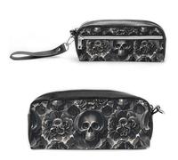 FHESDCW Black Peony Rose Skul Pencil Case Large Capacity with Zipper, Hanging Water Proof Cosmetic Bag for Travel, Vintage Leather Pencil Pouch for Women Men