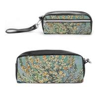 FHESDCW Blooming Apricot Trees Pencil Case Large Capacity with Zipper, Hanging Water Proof Cosmetic Bag for Travel, Vintage Leather Pencil Pouch for Women Men