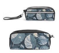 FHESDCW Blue Gray Leaf Branch Pencil Case Large Capacity with Zipper, Hanging Water Proof Cosmetic Bag for Travel, Vintage Leather Pencil Pouch for Women Men