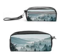 FHESDCW Blue Green Tree Landscape Pencil Case Large Capacity with Zipper, Hanging Water Proof Cosmetic Bag for Travel, Vintage Leather Pencil Pouch for Women Men