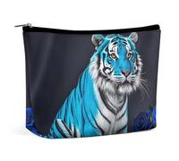 FHESDCW Blue Rose Tiger Makeup Bag for Women PU Leather Waterproof Cosmetic Bag with Zipper Portable Travel Makeup Organizer