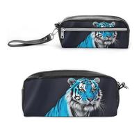 FHESDCW Blue Rose Tiger Pencil Case Large Capacity with Zipper, Hanging Water Proof Cosmetic Bag for Travel, Vintage Leather Pencil Pouch for Women Men