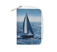 FHESDCW Blue Sea Sailboat Card Holder for Men Women, Leather Credit Card Holder with 20 Card Slots Small Purse with Zipper