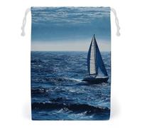 FHESDCW Blue Sea Sailboat Drawstring Bag Canvas, Reusable Travel Jewelry Pouches, Washable Storage Bags for Gift, Candy, Cosmetics 20 * 25cm