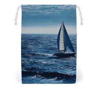 FHESDCW Blue Sea Sailboat Drawstring Bag Canvas, Reusable Travel Jewelry Pouches, Washable Storage Bags for Gift, Candy, Cosmetics 12 * 18cm