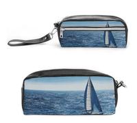 FHESDCW Blue Sea Sailboat Pencil Case Large Capacity with Zipper, Hanging Water Proof Cosmetic Bag for Travel, Vintage Leather Pencil Pouch for Women Men