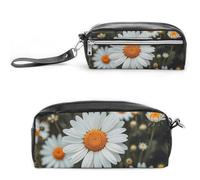 FHESDCW Bohemian Daisy Badge Pencil Case Large Capacity with Zipper, Hanging Water Proof Cosmetic Bag for Travel, Vintage Leather Pencil Pouch for Women Men