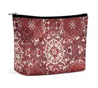 FHESDCW Bohemian Style Deep Red Flowers Makeup Bag for Women PU Leather Waterproof Cosmetic Bag with Zipper Portable Travel Makeup Organizer