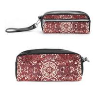 FHESDCW Bohemian Style Deep Red Flowers Pencil Case Large Capacity with Zipper, Hanging Water Proof Cosmetic Bag for Travel, Vintage Leather Pencil Pouch for Women Men