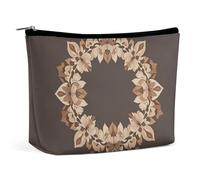 FHESDCW Brown Aesthetic Floral Wreath Makeup Bag for Women PU Leather Waterproof Cosmetic Bag with Zipper Portable Travel Makeup Organizer