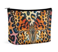FHESDCW Butterfly Leopard Print Makeup Bag for Women PU Leather Waterproof Cosmetic Bag with Zipper Portable Travel Makeup Organizer