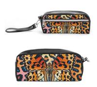FHESDCW Butterfly Leopard Print Pencil Case Large Capacity with Zipper, Hanging Water Proof Cosmetic Bag for Travel, Vintage Leather Pencil Pouch for Women Men