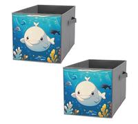 FHESDCW Cartoon White Whale Foldable Storage Box with Handles, Durable Oxford Storage Cubes, 2PCS Collapsible Closet Organizer for Home, Shelf, Office, Travel