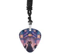 FHESDCW Cat And Magic Castle Gate Guitar Pick Necklace, Titanium Steel Guitar Pick with 23Inch Black Cord, Unique Music Jewelry Gift for Men Women