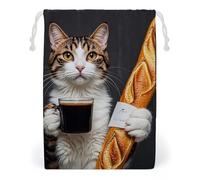 FHESDCW Cat Bread Coffee Drawstring Bag Canvas, Reusable Travel Jewelry Pouches, Washable Storage Bags for Gift, Candy, Cosmetics 20 * 25cm